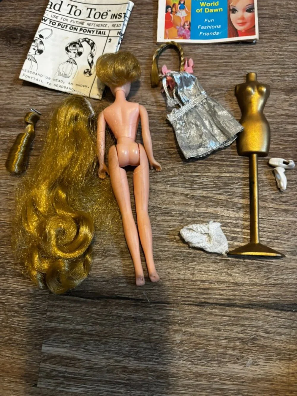 Topper Dawn Head to Toe doll wearing original silver dress instructions wigs